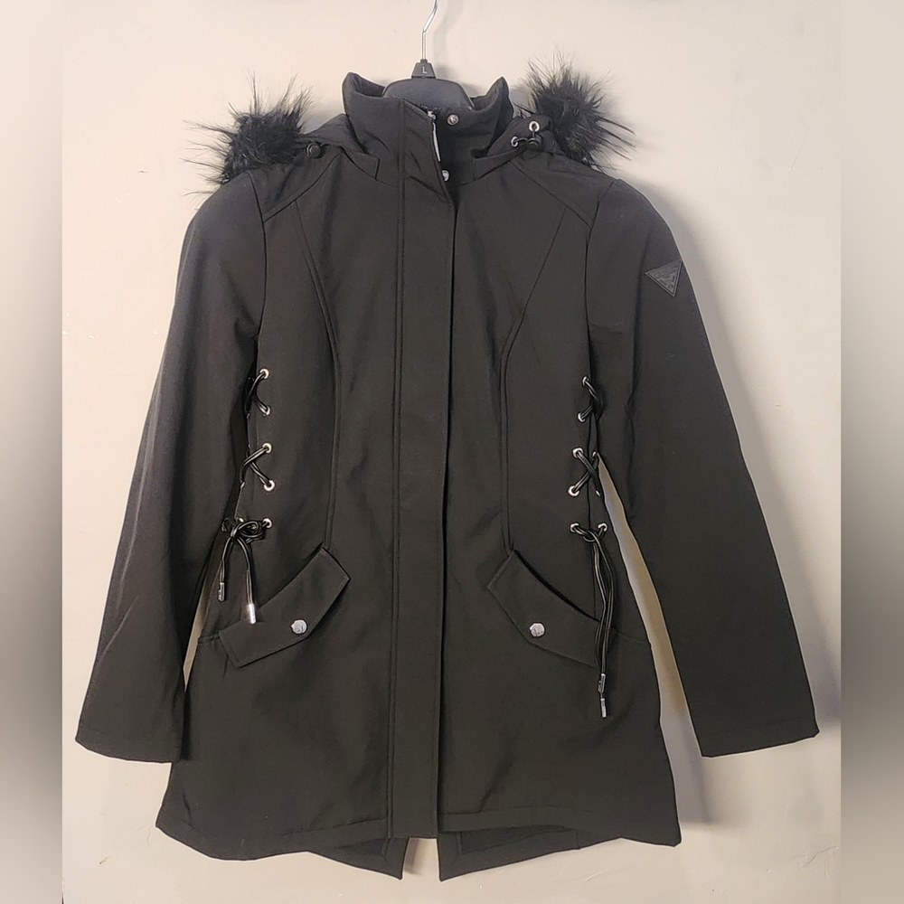 Womens GUESS Black Softshell Jacket Coat Faux Fur Trim Lace-up Size Medium M NEW